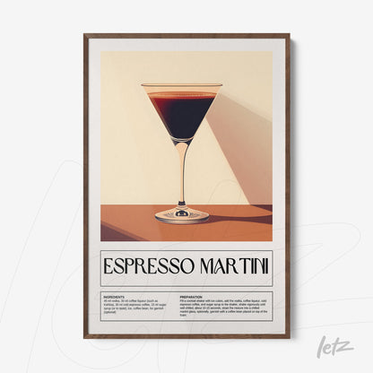 quadro com arte retro do drink espresso martini em moldura de madeira escura