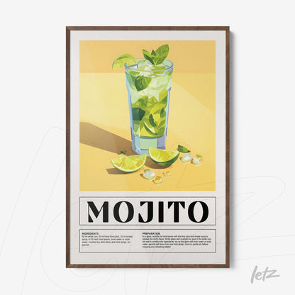 quadro com arte digital de drink mojito em moldura de madeira escura com fundo amarelo claro