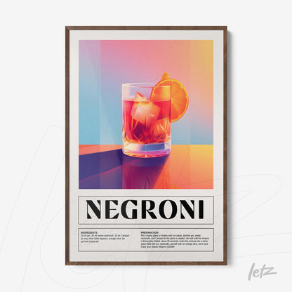 quadro com arte digital vibrante do drink negroni em moldura de madeira clara