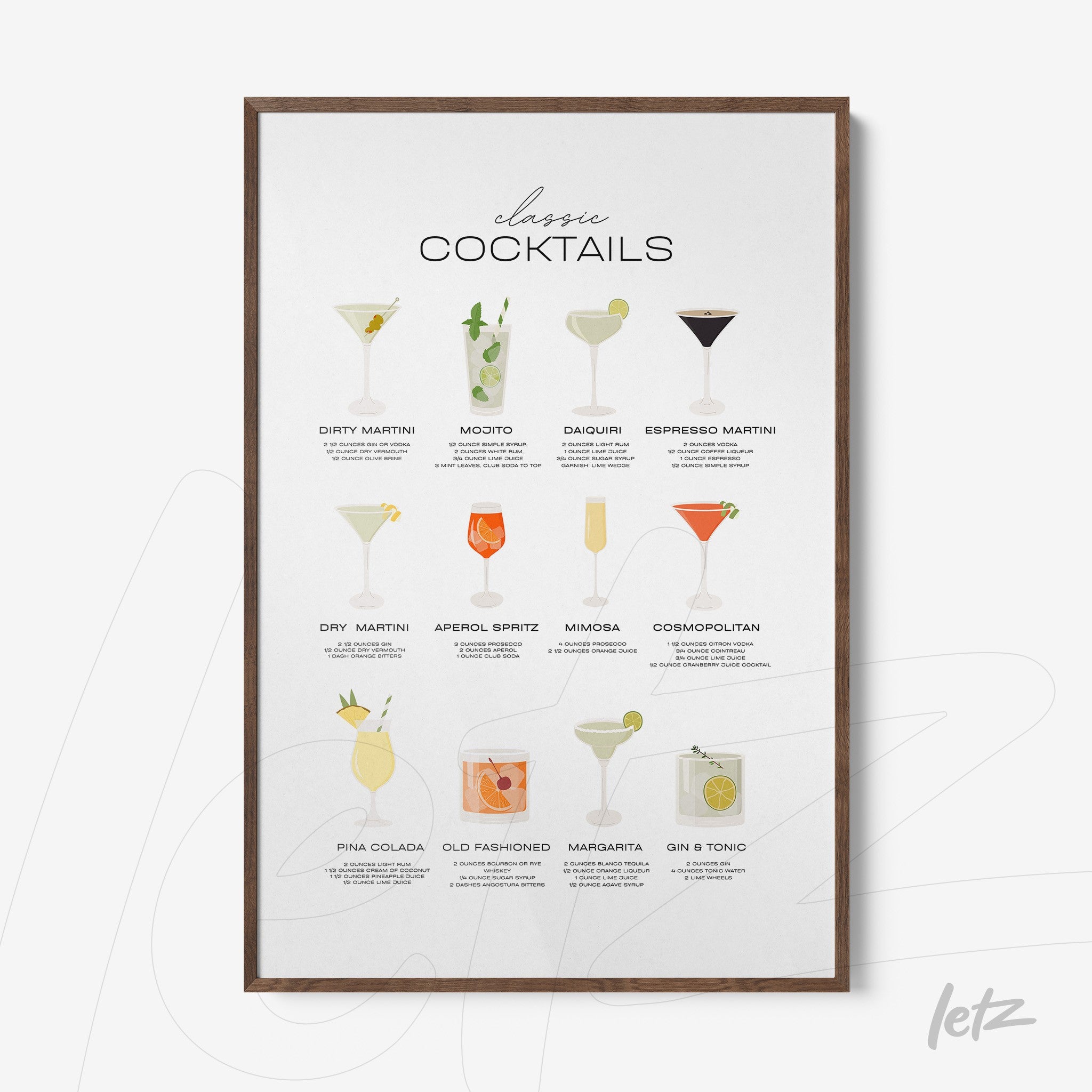 quadro com ilustrações de drinks clássicos em moldura de madeira escura