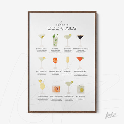 quadro com ilustrações de drinks clássicos em moldura de madeira escura
