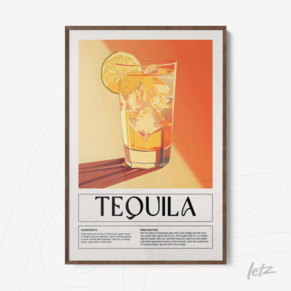 quadro vintage com ilustração de drink à base de tequila em moldura de madeira escura
