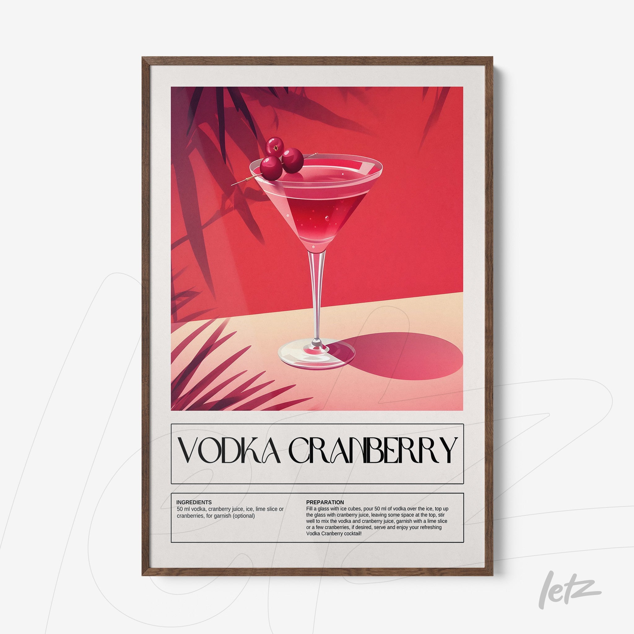 quadro com arte estilizada de drink vodka cranberry em moldura de madeira escura