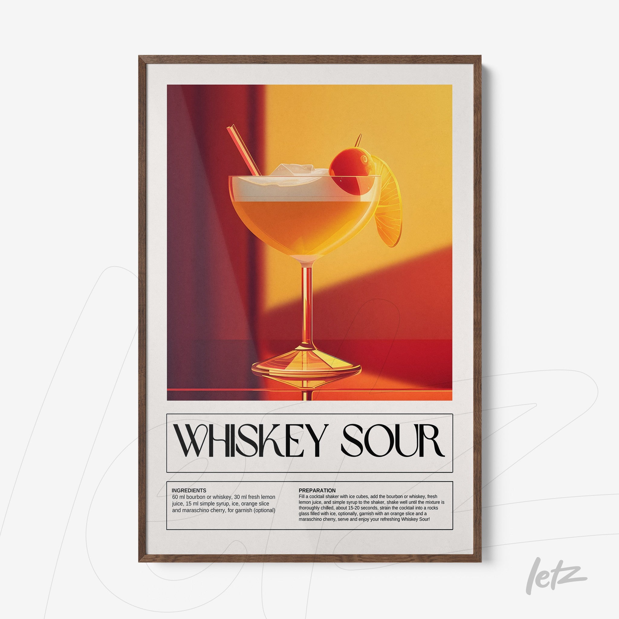 quadro com arte dedicada ao drink whiskey sour em moldura de madeira escura