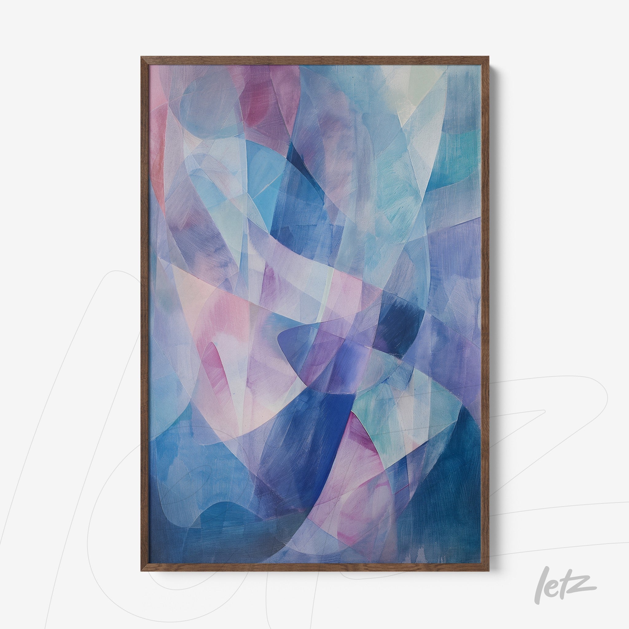 quadro com arte abstrata em tons de azul, rosa e roxo em moldura de madeira clara