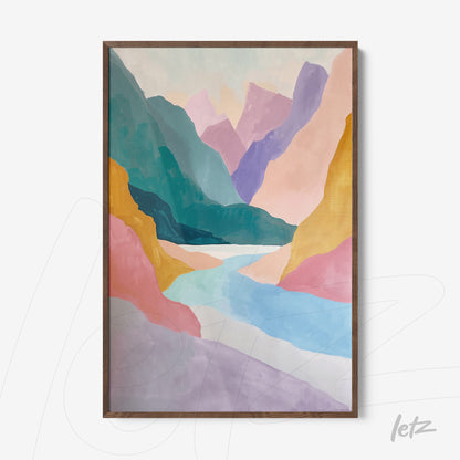 quadro com arte abstrata de paisagem montanhosa em moldura de madeira clara