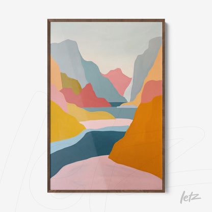quadro com arte abstrata de paisagem montanhosa em moldura de madeira escura