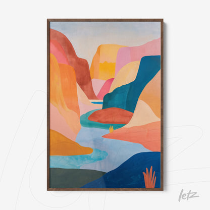 quadro com arte abstrata de paisagem de canyon em moldura de madeira escura com fundo azul