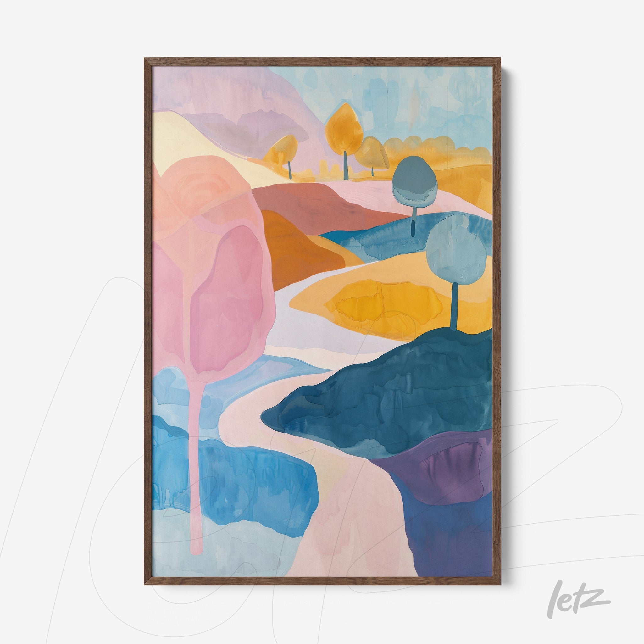 quadro com arte abstrata de paisagem com árvores estilizadas em tons pastel e moldura de madeira escura