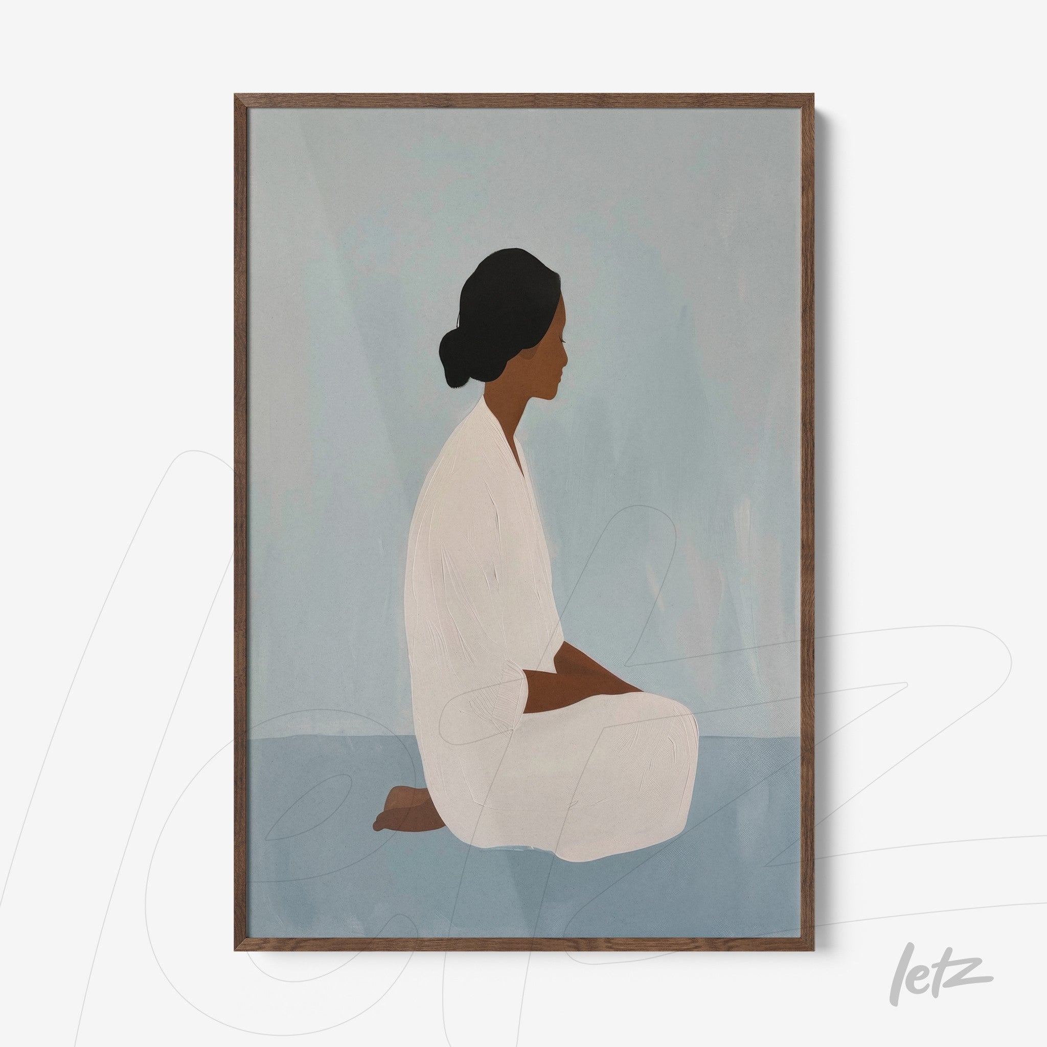 quadro com ilustração minimalista de mulher sentada em posição de meditação, fundo azul claro e moldura de madeira escura