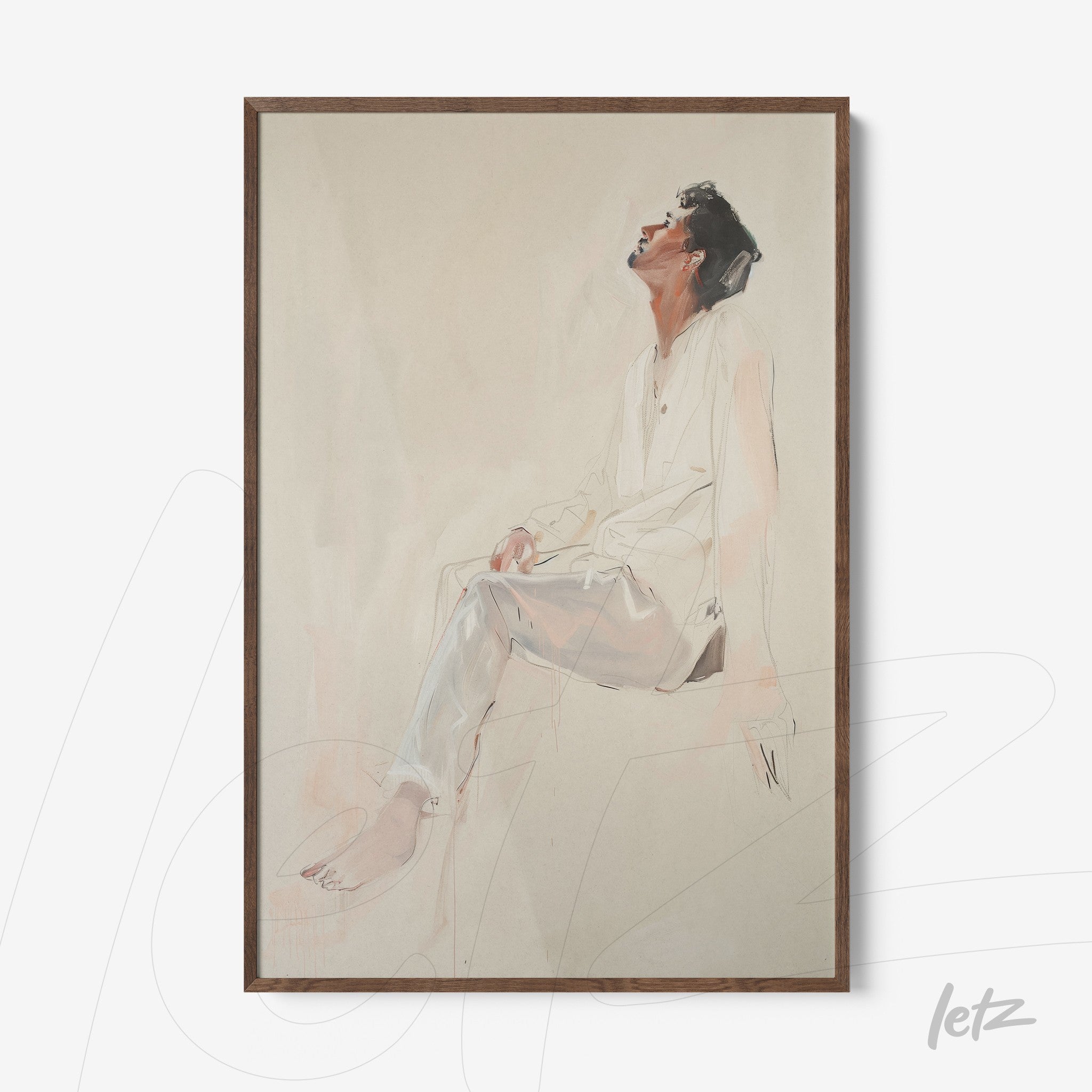 quadro com arte contemporânea de retrato masculino em moldura de madeira escura