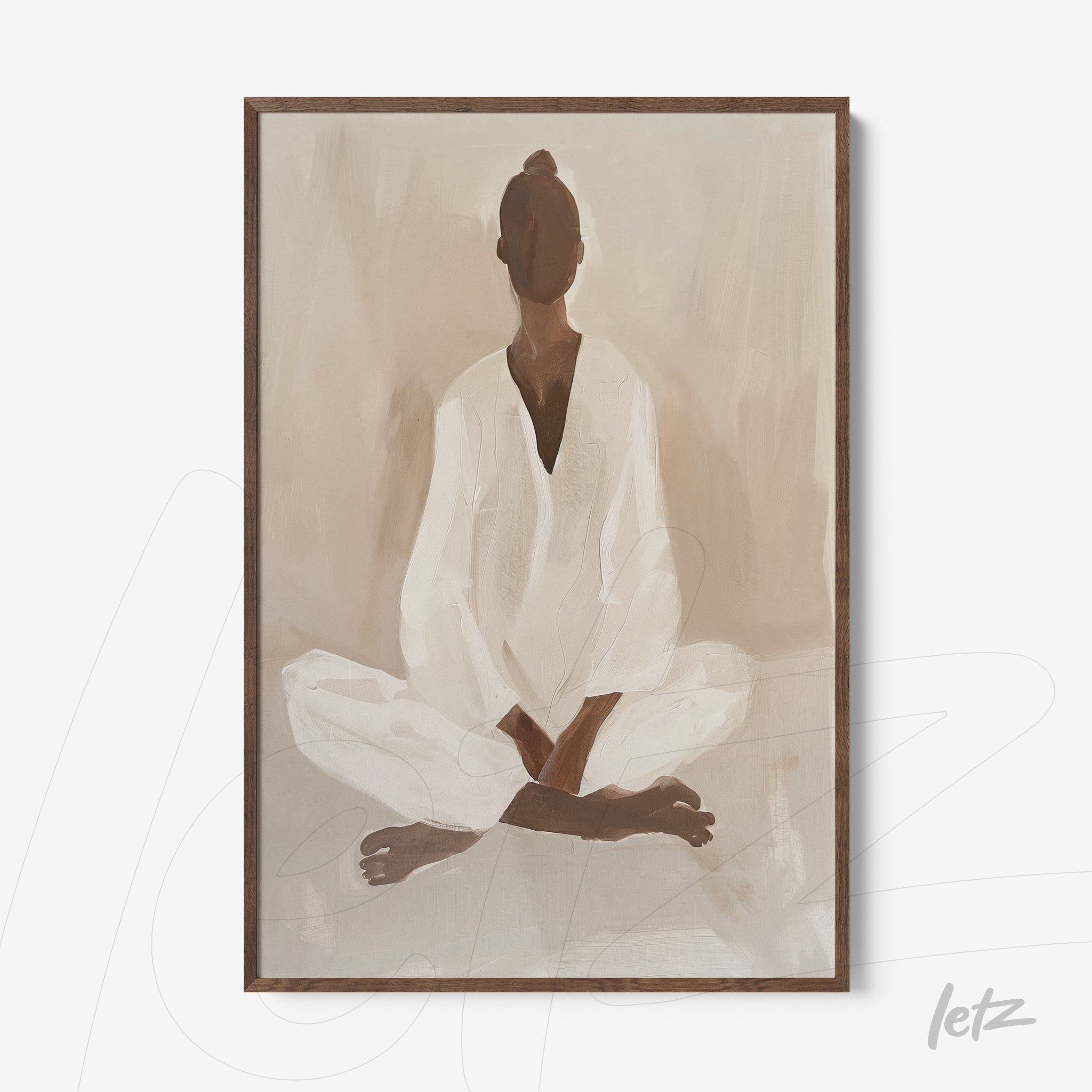 quadro com arte abstrata de figura humana meditando em tons neutros com moldura de madeira escura