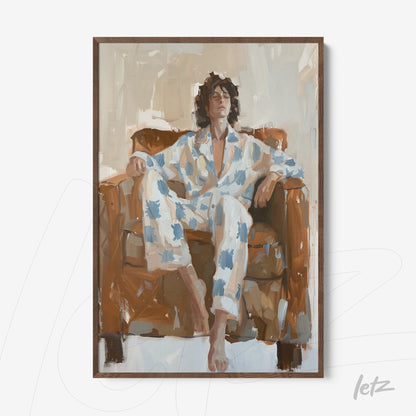 quadro com retrato de homem relaxando em sofá, vestindo pijama azul claro com manchas, moldura de madeira escura