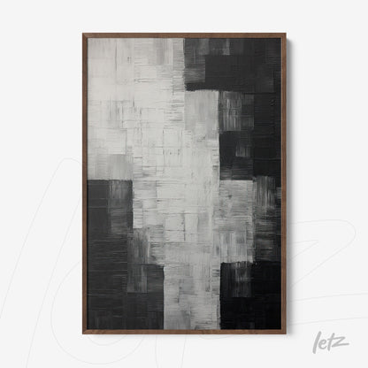 quadro abstrato em preto e branco com textura rica, em moldura de madeira escura