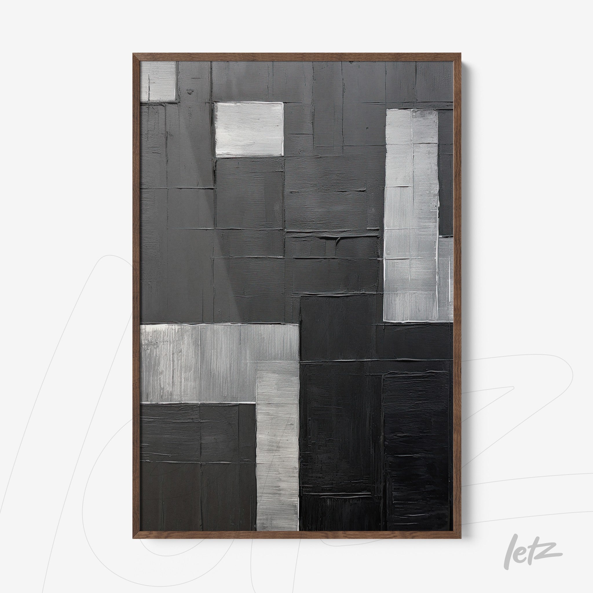 quadro abstrato em tons de preto e cinza, com textura em relevo e moldura de madeira escura
