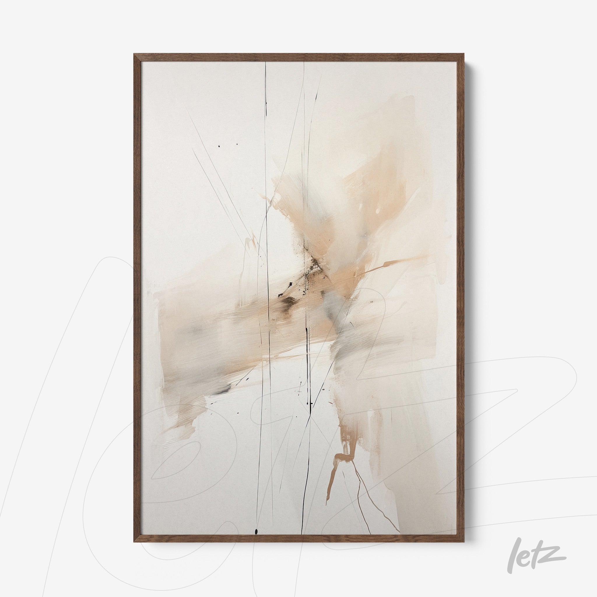 quadro abstrato em tons neutros com traços fluidos e moldura de madeira clara