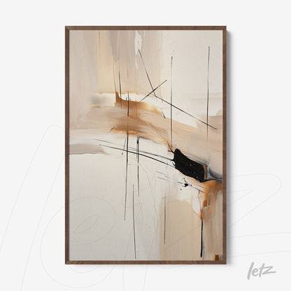 quadro abstracto com cores neutras e pinceladas em preto, montado em moldura de madeira escura