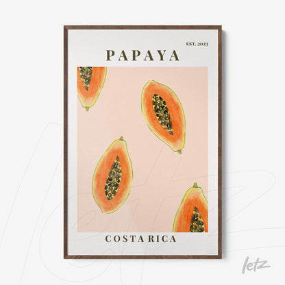 quadro com ilustração de fatias de papaia em fundo rosa, moldura de madeira escura