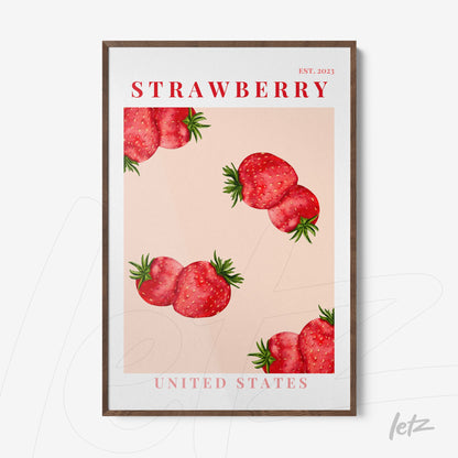 quadro com ilustração de morangos em fundo rosa, moldura de madeira escura