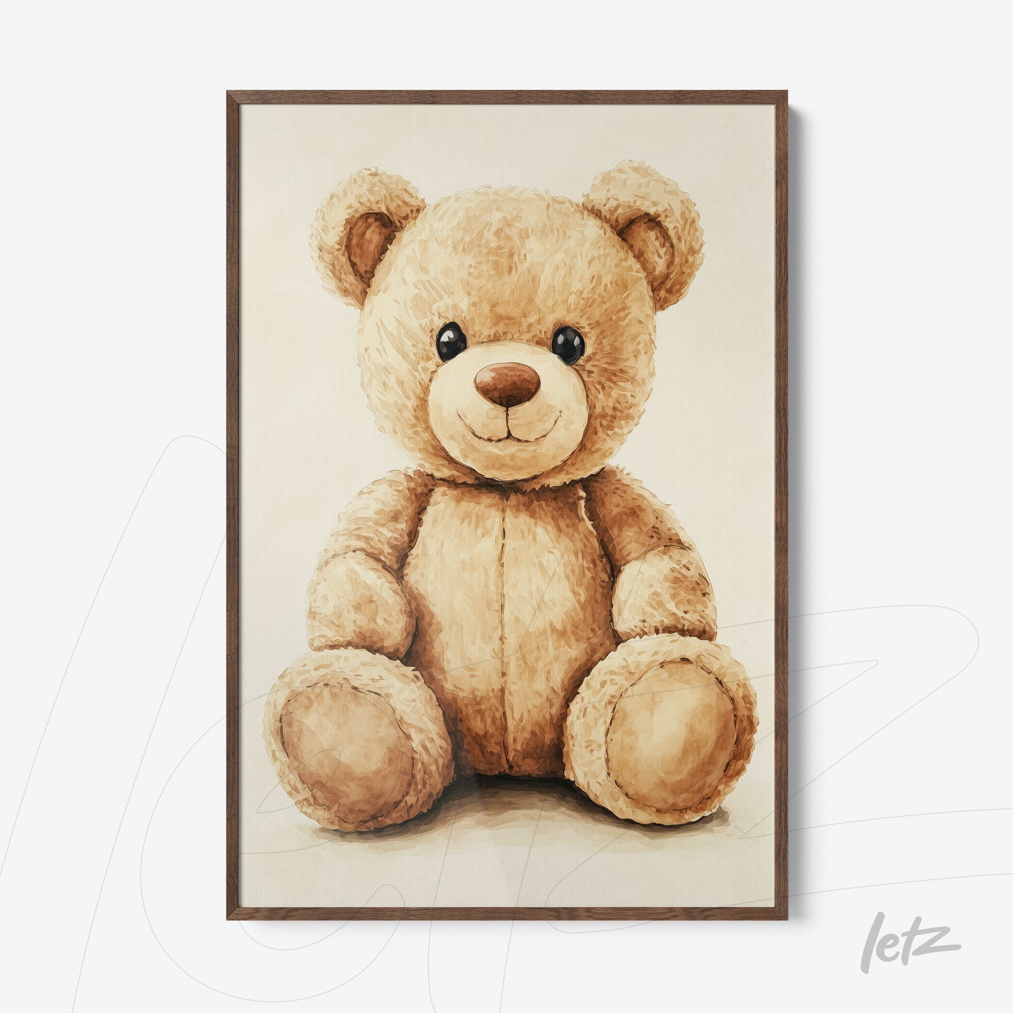 quadro de um urso de pelúcia bege em estilo aquarelado com moldura de madeira