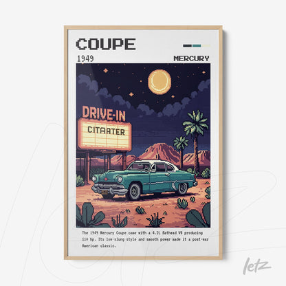 quadro com arte retrô de um carro Mercury Coupe 1949 em frente a um drive-in, moldura clara