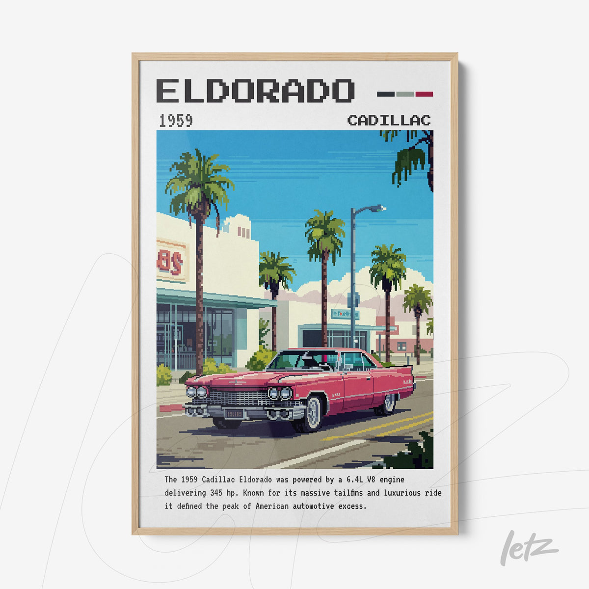 quadro com arte em pixel de um Cadillac Eldorado de 1959, exibido em moldura clara sobre fundo de loja e palmeiras