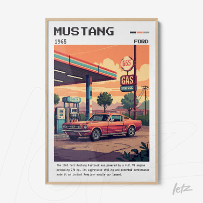 quadro com arte em pixel do carro Ford Mustang 1965 estacionado em posto de gasolina, moldura clara