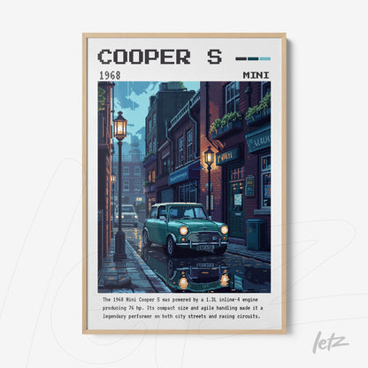 quadro emoldurado com arte pixelada do carro Mini Cooper S de 1968 em uma rua de paralelepípedos, iluminada por lampiões