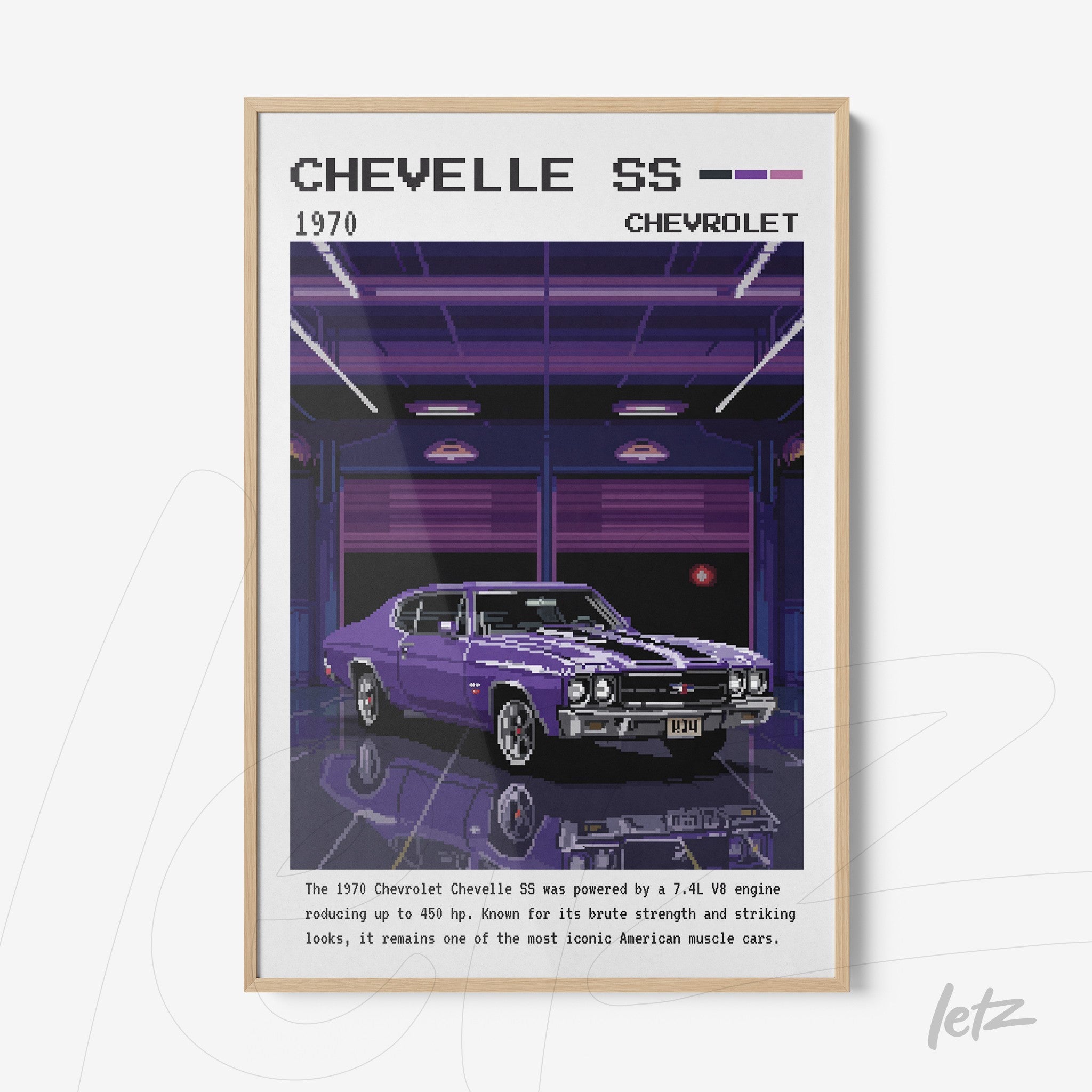 quadro com ilustração retro de um Chevrolet Chevelle SS 1970 em moldura clara sobre fundo escuro
