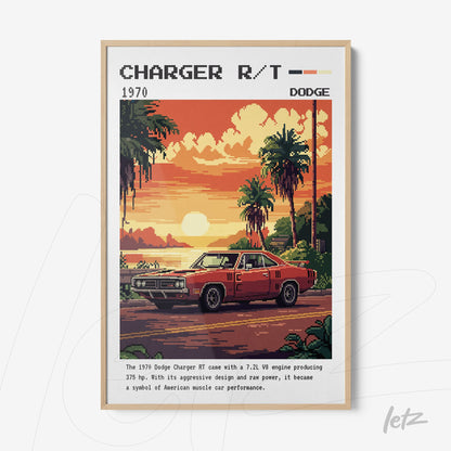 quadro com arte digital de um carro Charger R/T 1970 em paisagem laranja ao pôr do sol com palmeiras