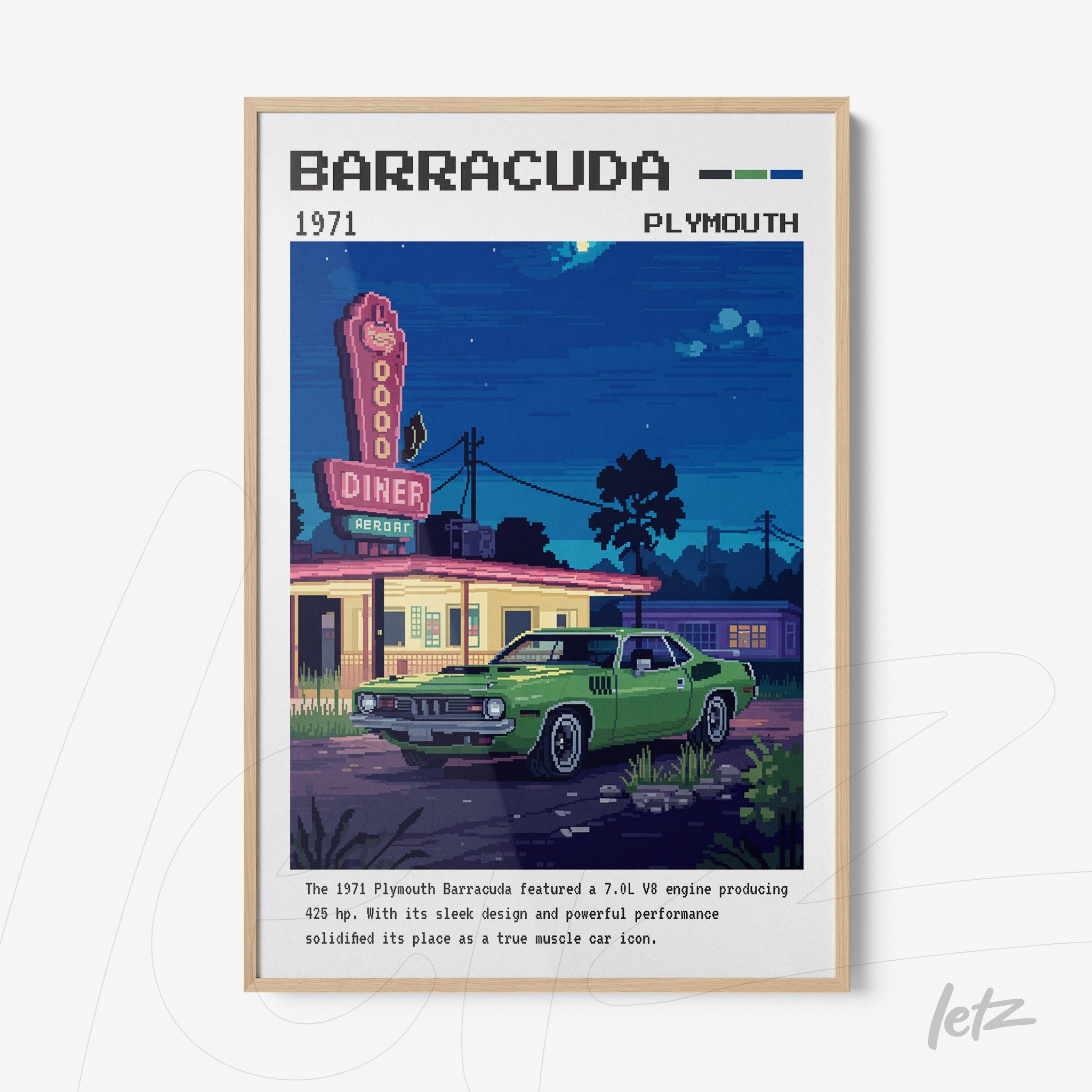 quadro retrô de carro Plymouth Barracuda em frente a um diner, com moldura clara