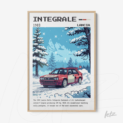 quadro com arte pixelada de um carro Lancia Delta Integrale em uma paisagem invernal, com moldura clara