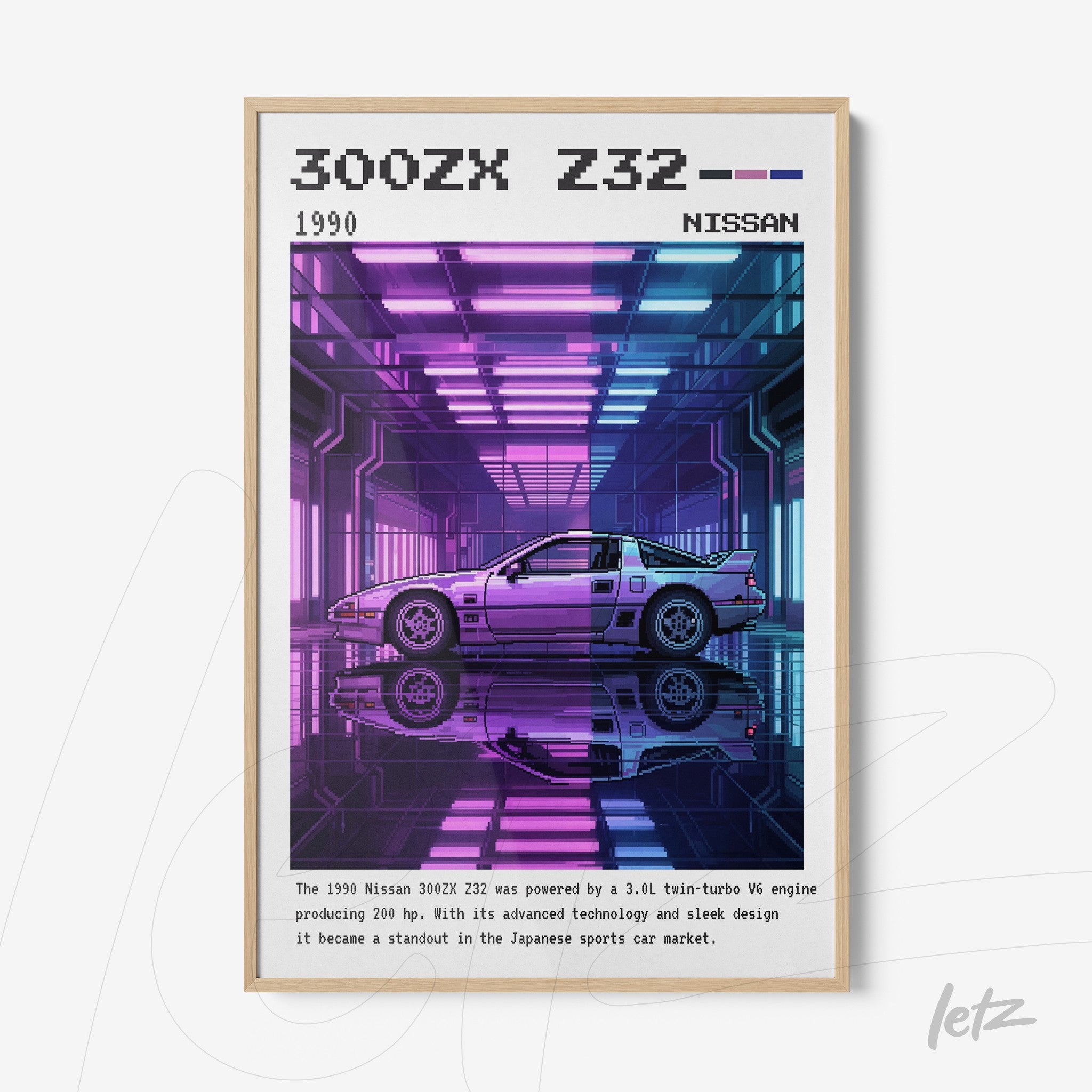 quadro com arte digital retro do carro Nissan 300ZX Z32 em moldura clara, com fundo colorido em gradiente e iluminação neon