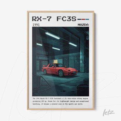 quadro com arte digital de um carro Mazda RX-7 FC3S vermelho em um ambiente retrô, com moldura clara e fundo de oficina