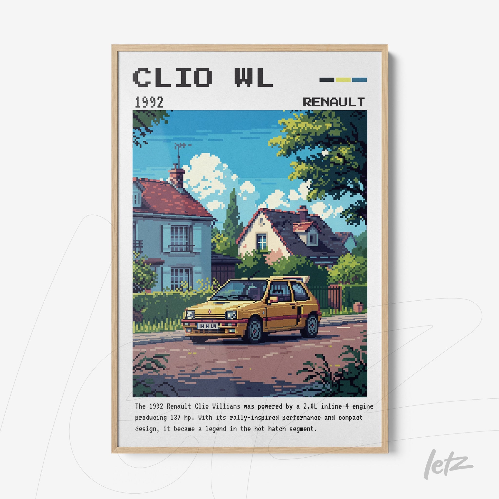 quadro com arte pixelada de um Renault Clio Williams amarelo em uma rua de bairro, com casas e árvores ao fundo, moldura de madeira clara