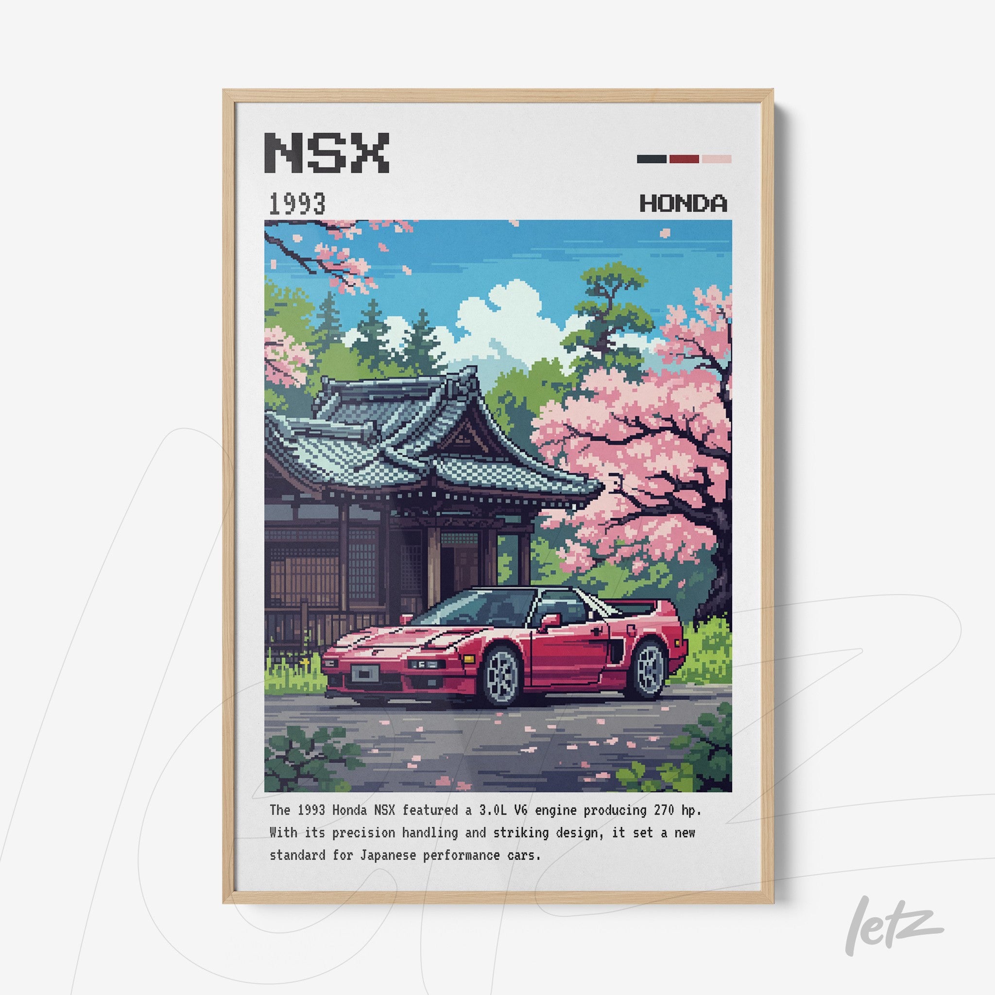quadro com arte pixelada do carro Honda NSX de 1993 em frente a um templo japonês rodeado por flores de cerejeira