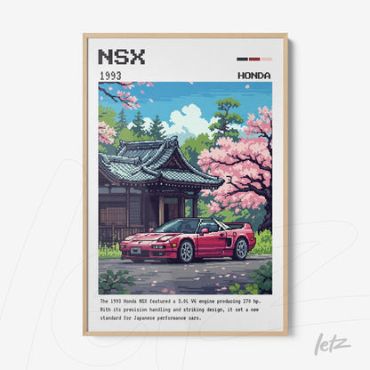 quadro com arte pixelada do carro Honda NSX de 1993 em frente a um templo japonês rodeado por flores de cerejeira