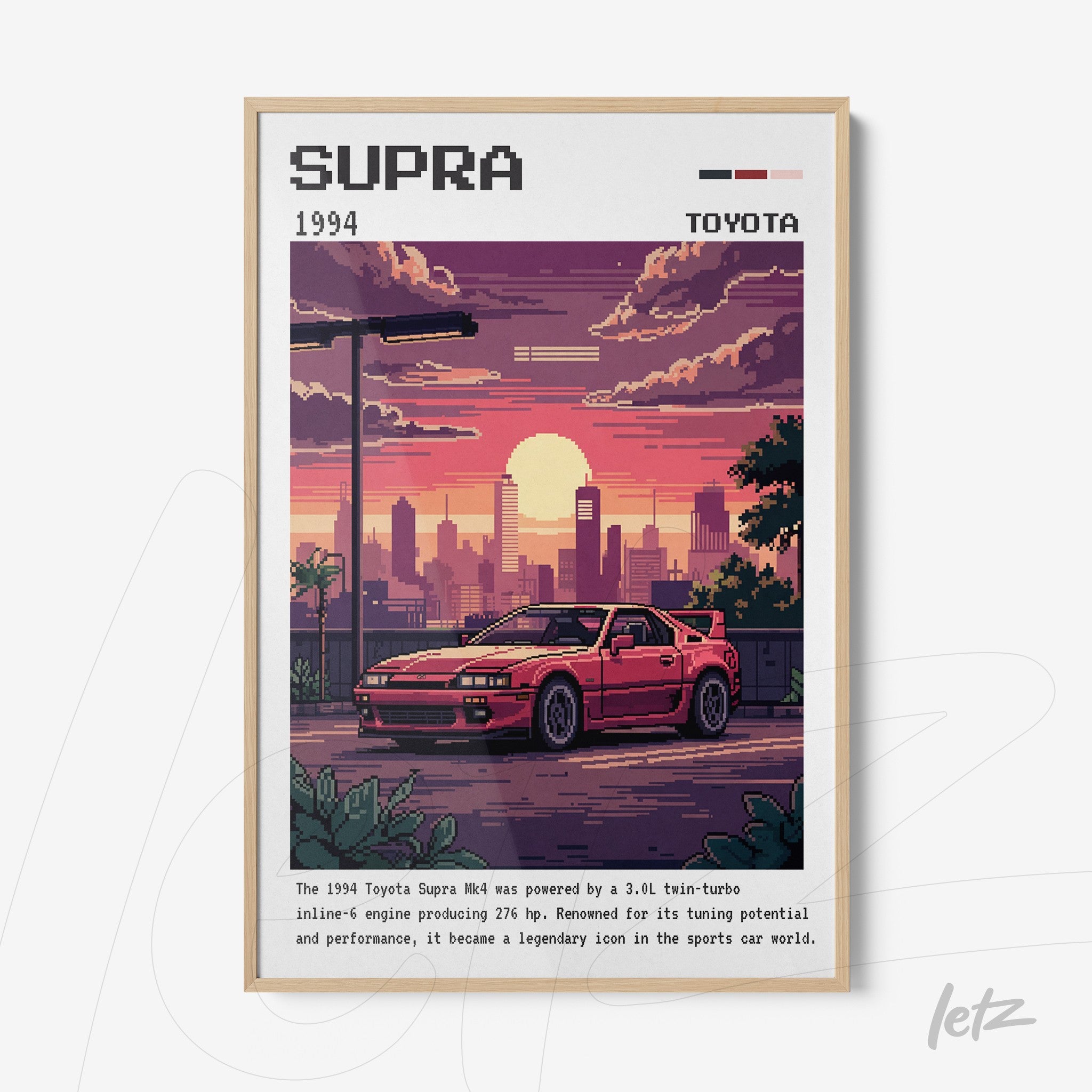 quadro digital com ilustração em pixel art de um carro esportivo Toyota Supra 1994, fundo de pôr do sol urbano