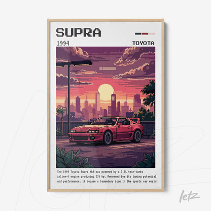 quadro digital com ilustração em pixel art de um carro esportivo Toyota Supra 1994, fundo de pôr do sol urbano