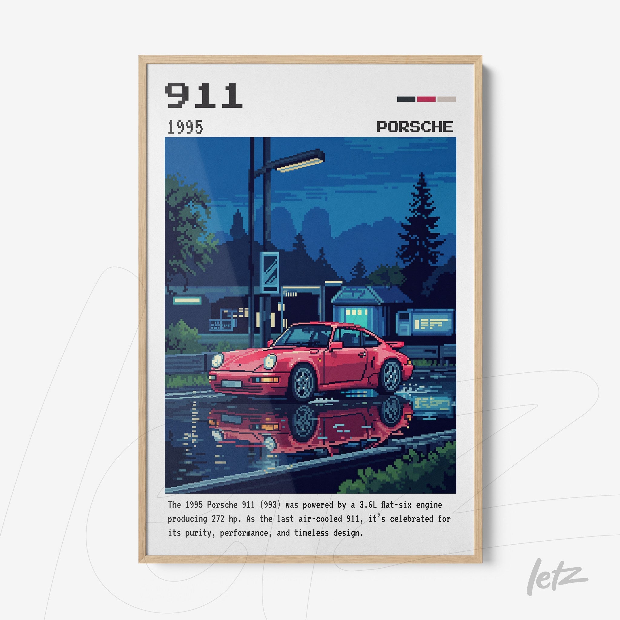 quadro com arte pixelada de um carro Porsche 911 vermelho refletido em poça d'água ao anoitecer