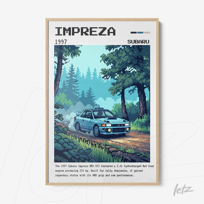 quadro emoldurado com arte pixelada de um Subaru Impreza WRX STI na floresta, destacando a paisagem verde e o carro azul em movimento