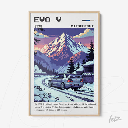 quadro com arte pixelada do Mitsubishi Lancer Evolution V em uma paisagem montanhosa ao pôr do sol, com moldura de madeira clara