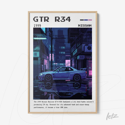 quadro com arte pixelada do carro Nissan GTR R34 em uma cena urbana noturna, moldura clara com contornos em estilo retrô