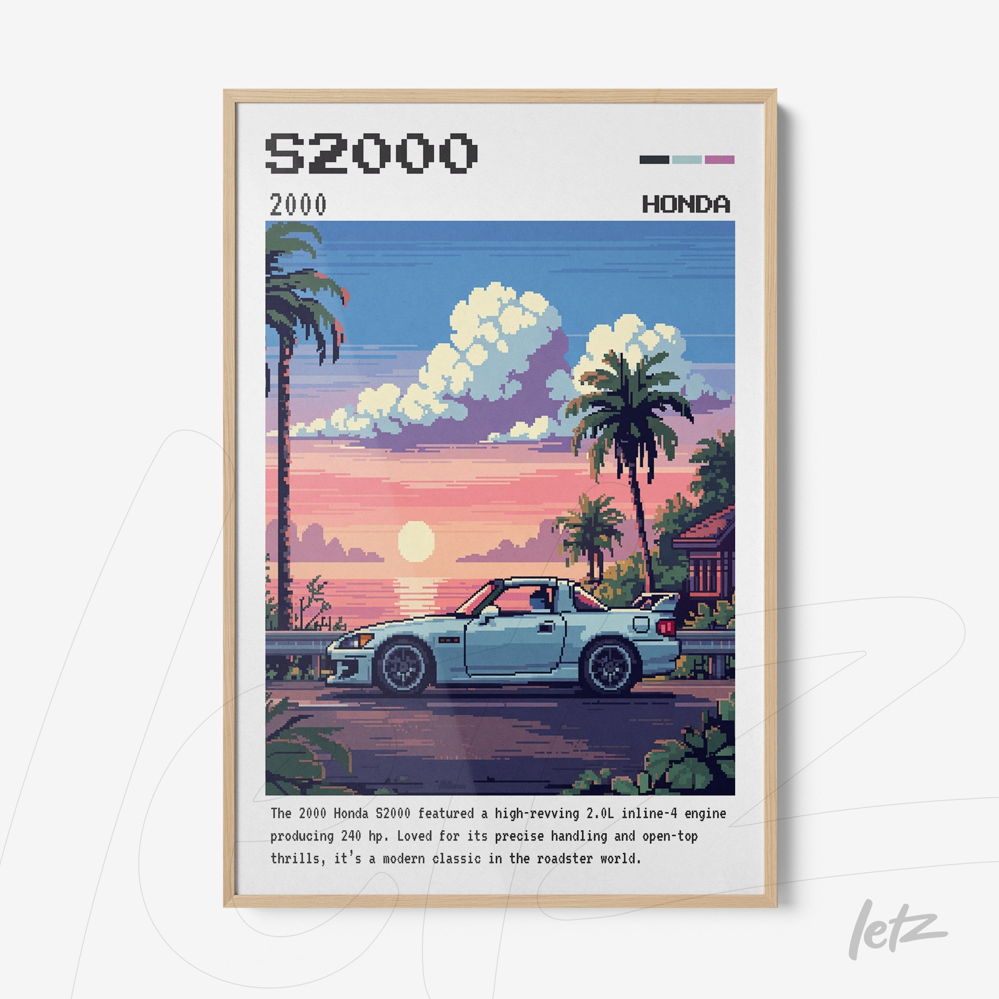 quadro emoldurado com arte pixelada do carro Honda S2000 sobre fundo de pôr do sol e palmeiras
