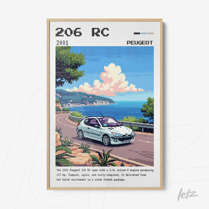 quadro com ilustração pixelada de um carro Peugeot 206 RC em uma estrada costeira, moldura em madeira clara