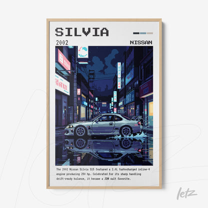 quadro com arte digital do carro Nissan Silvia em uma cena noturna urbana com iluminação de neon