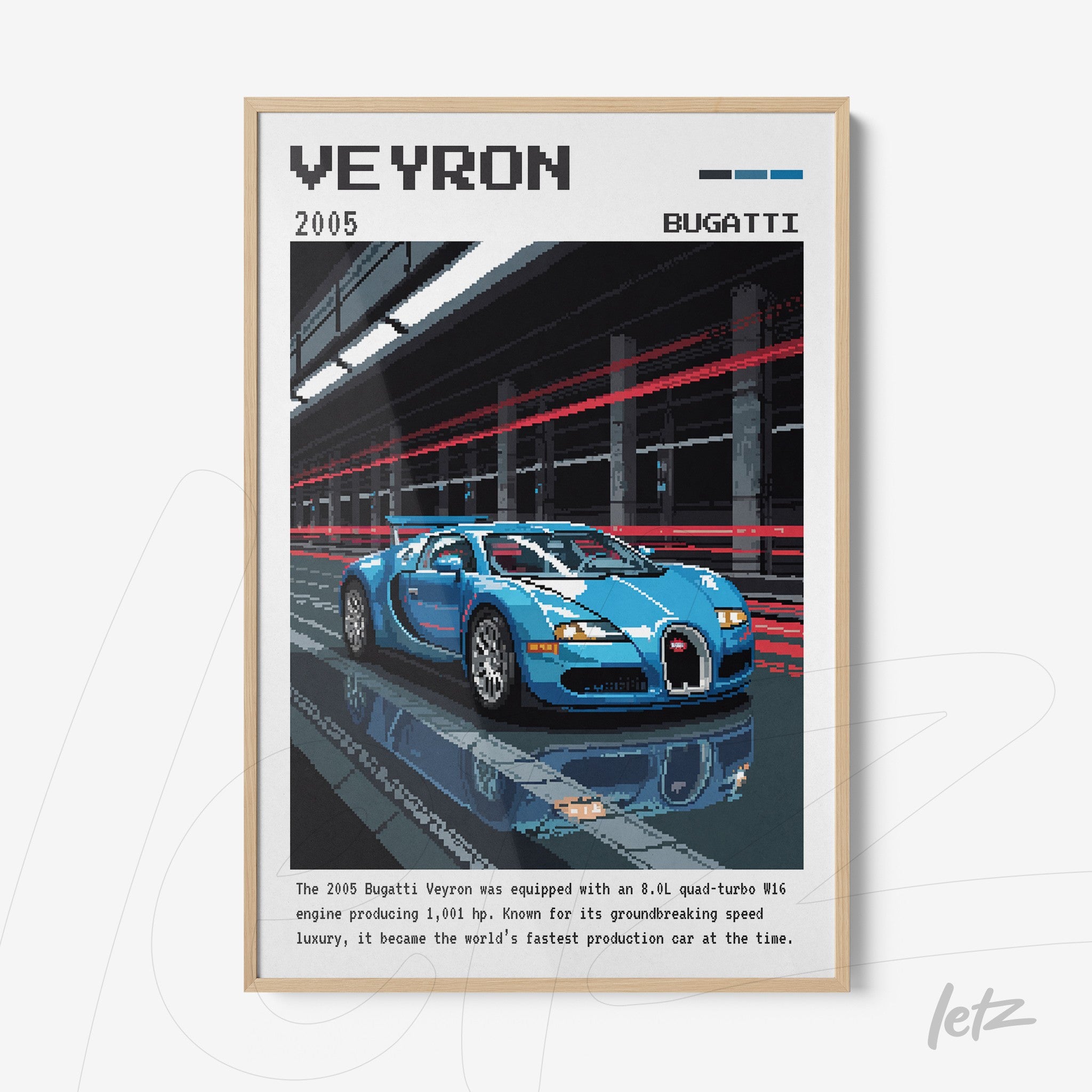 quadro com arte pixelada do carro Bugatti Veyron em moldura clara mostrando traços de movimento vermelho