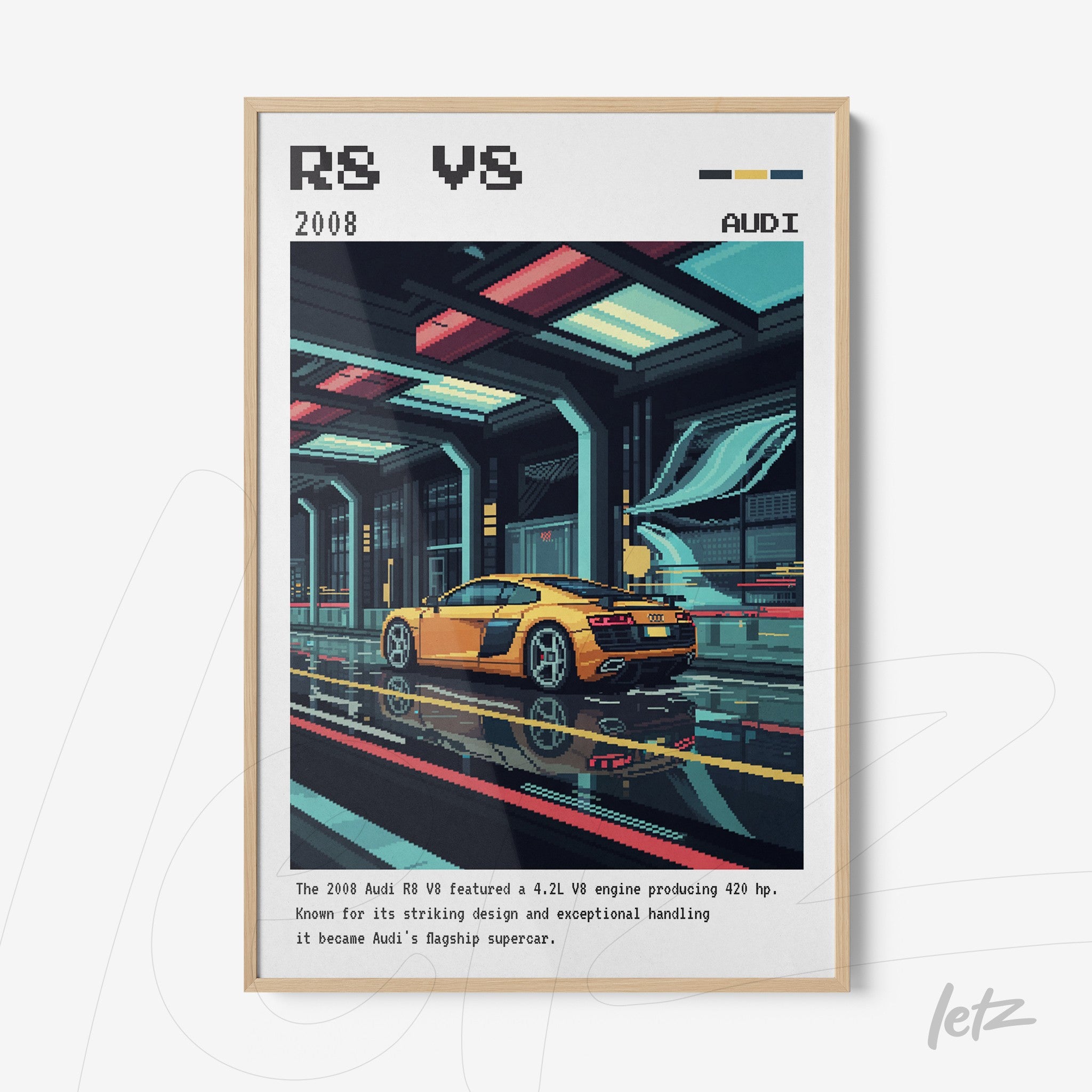 quadro com arte digital de um carro esportivo Audi R8 em cores vibrantes, moldura clara