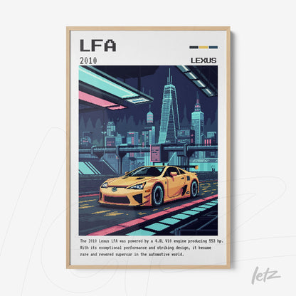 quadro com arte digital de um carro esportivo amarelo em uma cidade futurista, moldura clara