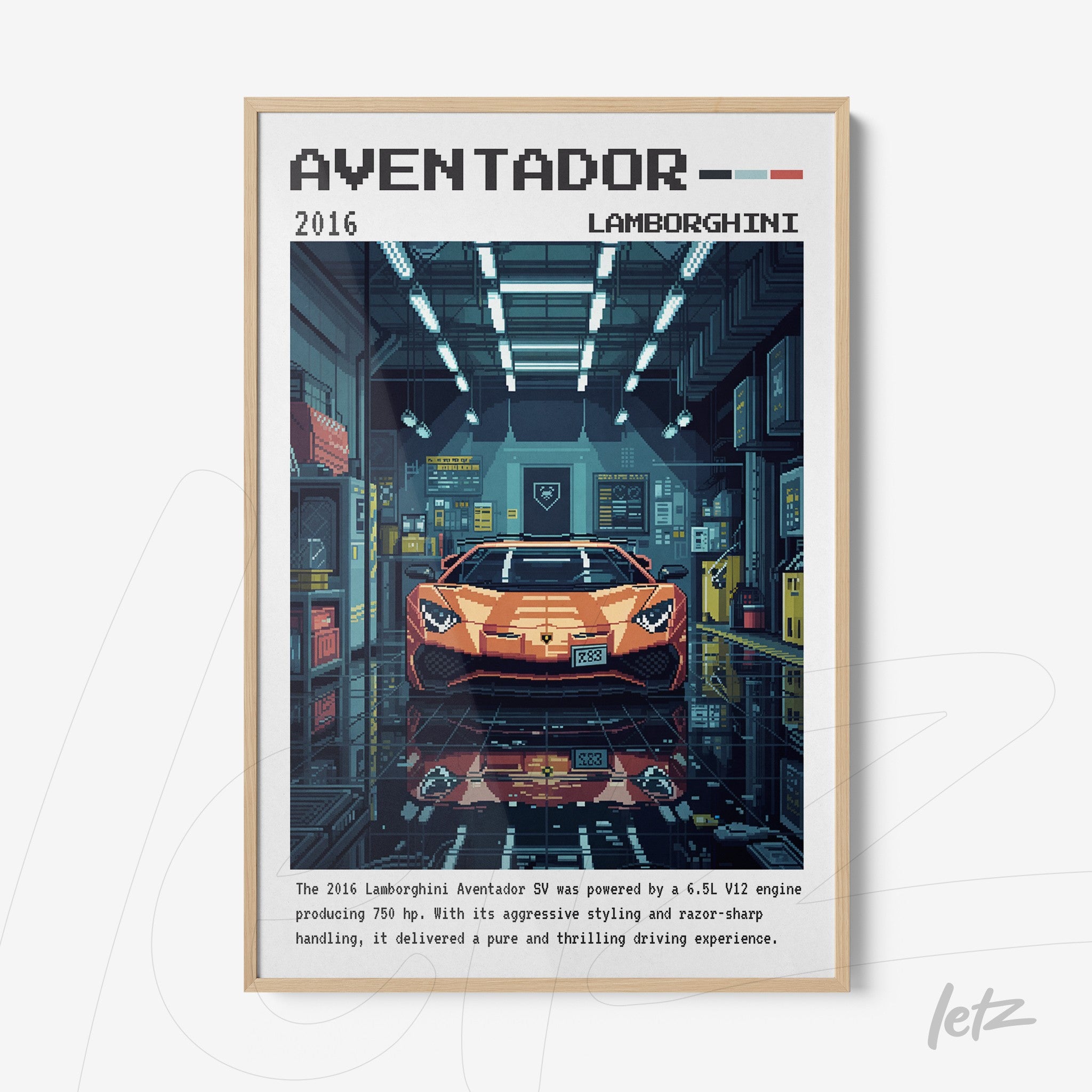 quadro emoldurado com arte digital detalhando o carro Lamborghini Aventador em um ambiente de garagem, com o fundo em cores escuras e iluminação suave destacando o veículo laranja brilhante